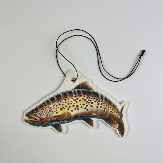 Brown Trout air freshener with hanging cord on a light background