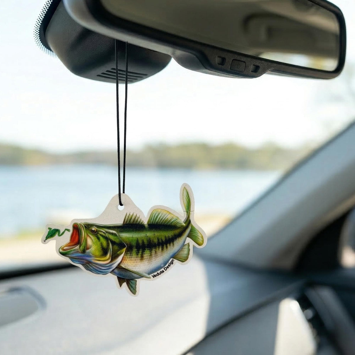 Largemouth Bass air freshener hanging in a car