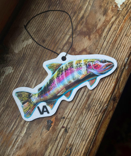 Rainbow Trout air freshener lying on a wooden table
