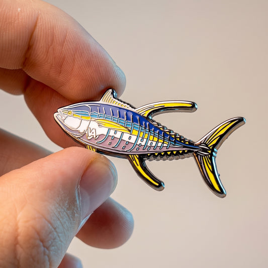 Close-up macro detail of Yellowfin Tuna hard enamel pin