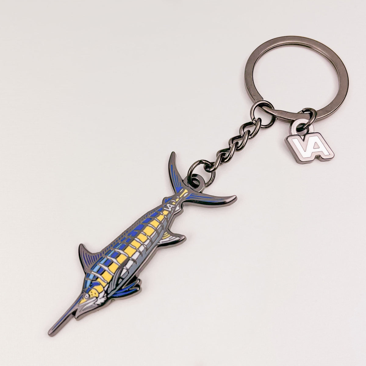 Full length of the Blue Marlin keychain with keyring, chain, and VEDUTA DESIGN VA logo charm