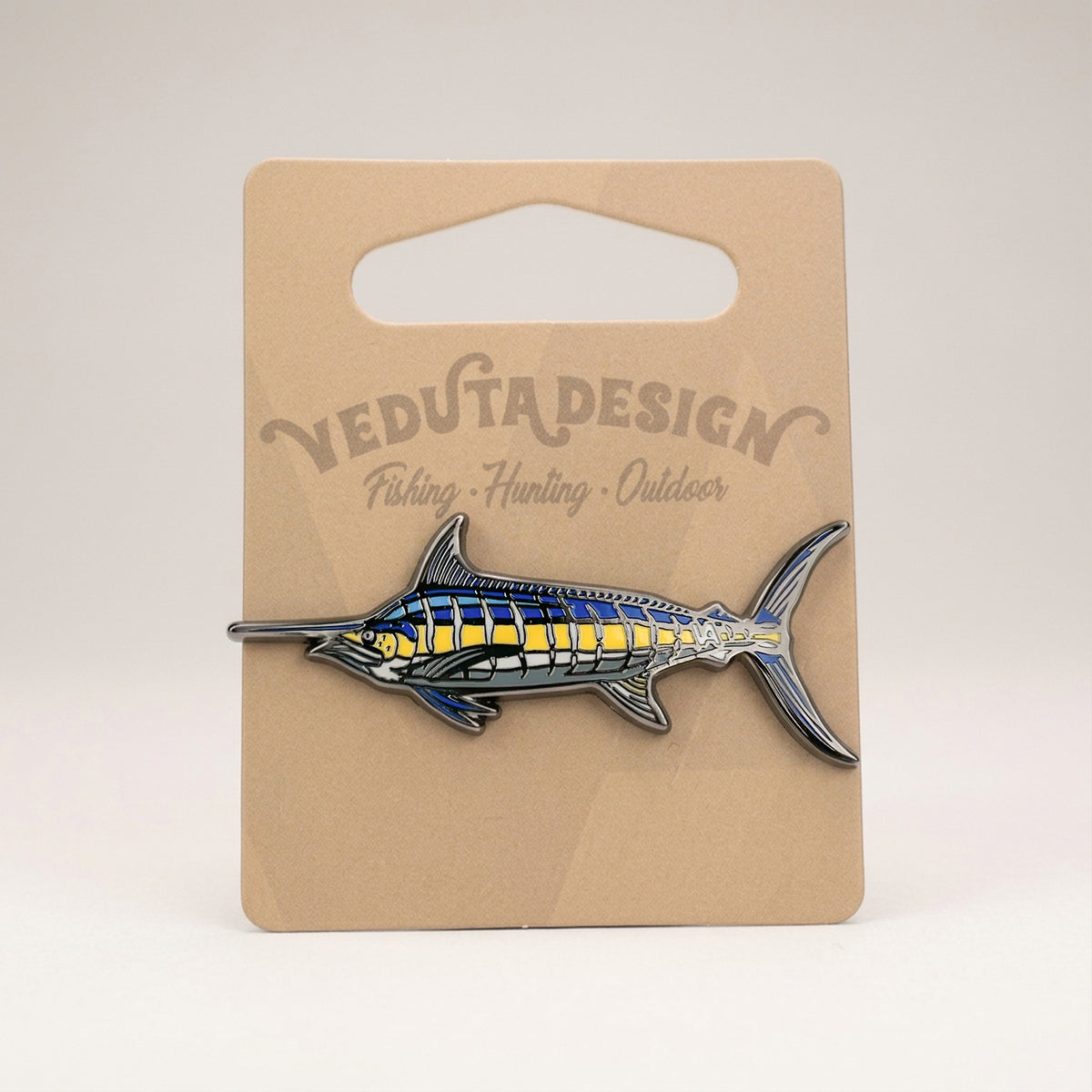 Blue Marlin pin on VEDUTA DESIGN branded backing card