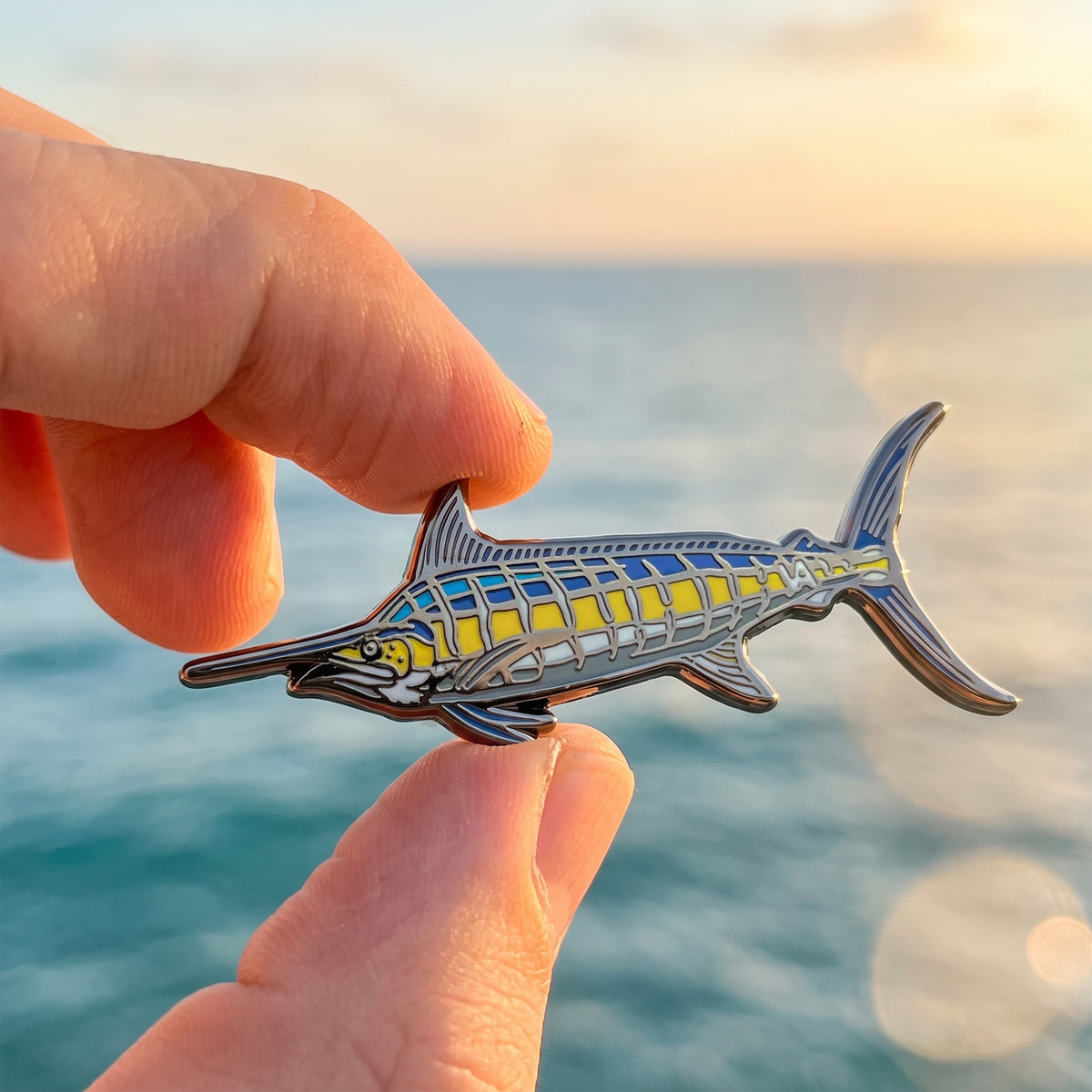 Blue Marlin pin held in hand with the ocean at sunset in the background