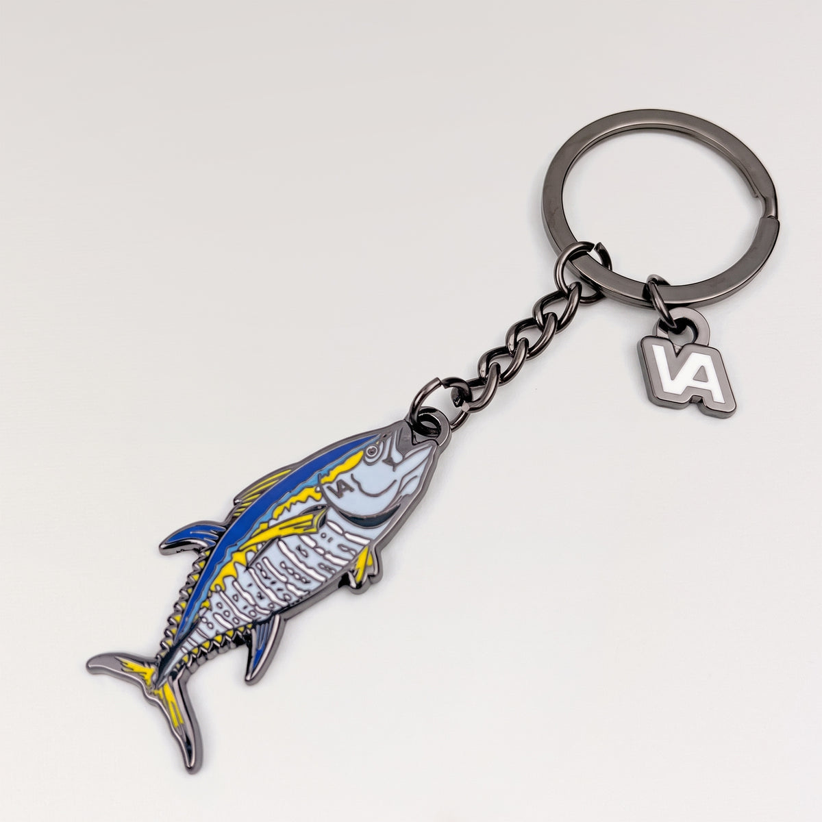 Full length of the Bluefin Tuna keychain with keyring, chain, and VEDUTA DESIGN VA logo charm