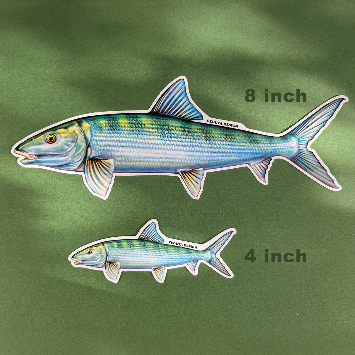 Bonefish stickers in 4-inch and 8-inch sizes side by side, saltwater Grand Slam fly fishing decal