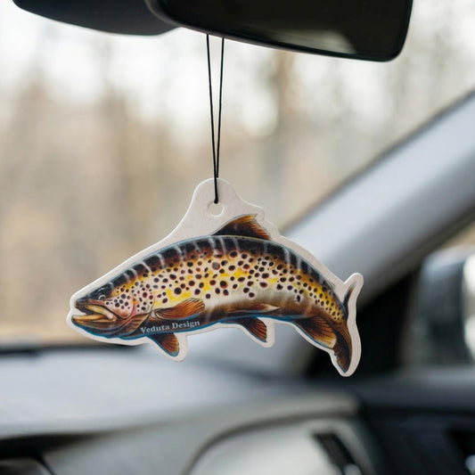 Brown Trout car air freshener hanging from a rearview mirror, VEDUTA DESIGN fishing gift