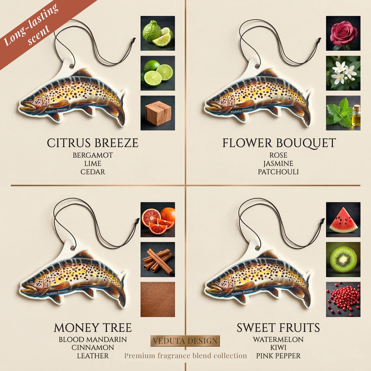 Brown Trout air freshener in four scents: Citrus Breeze, Flower Bouquet, Money Tree, Sweet Fruits