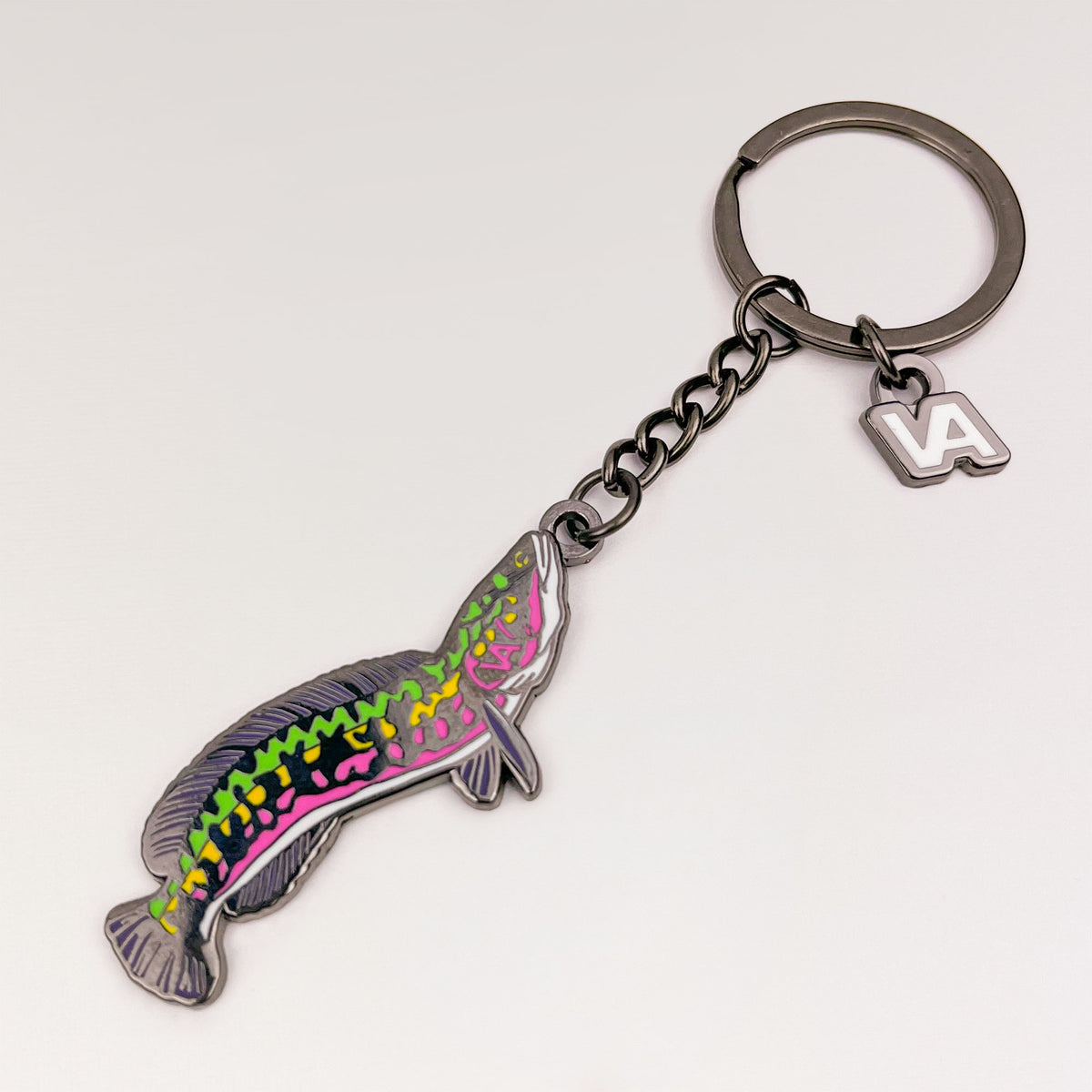 Full length of the Giant Snakehead keychain with keyring, chain, and VEDUTA DESIGN VA logo charm
