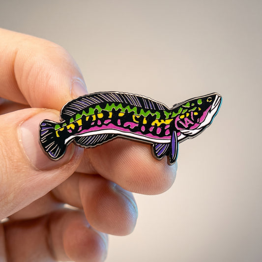 Giant Snakehead pin held in hand, close-up