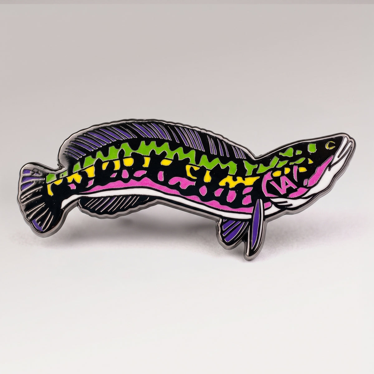 Black nickel Giant Snakehead pin with colorful enamel pattern on a light studio background