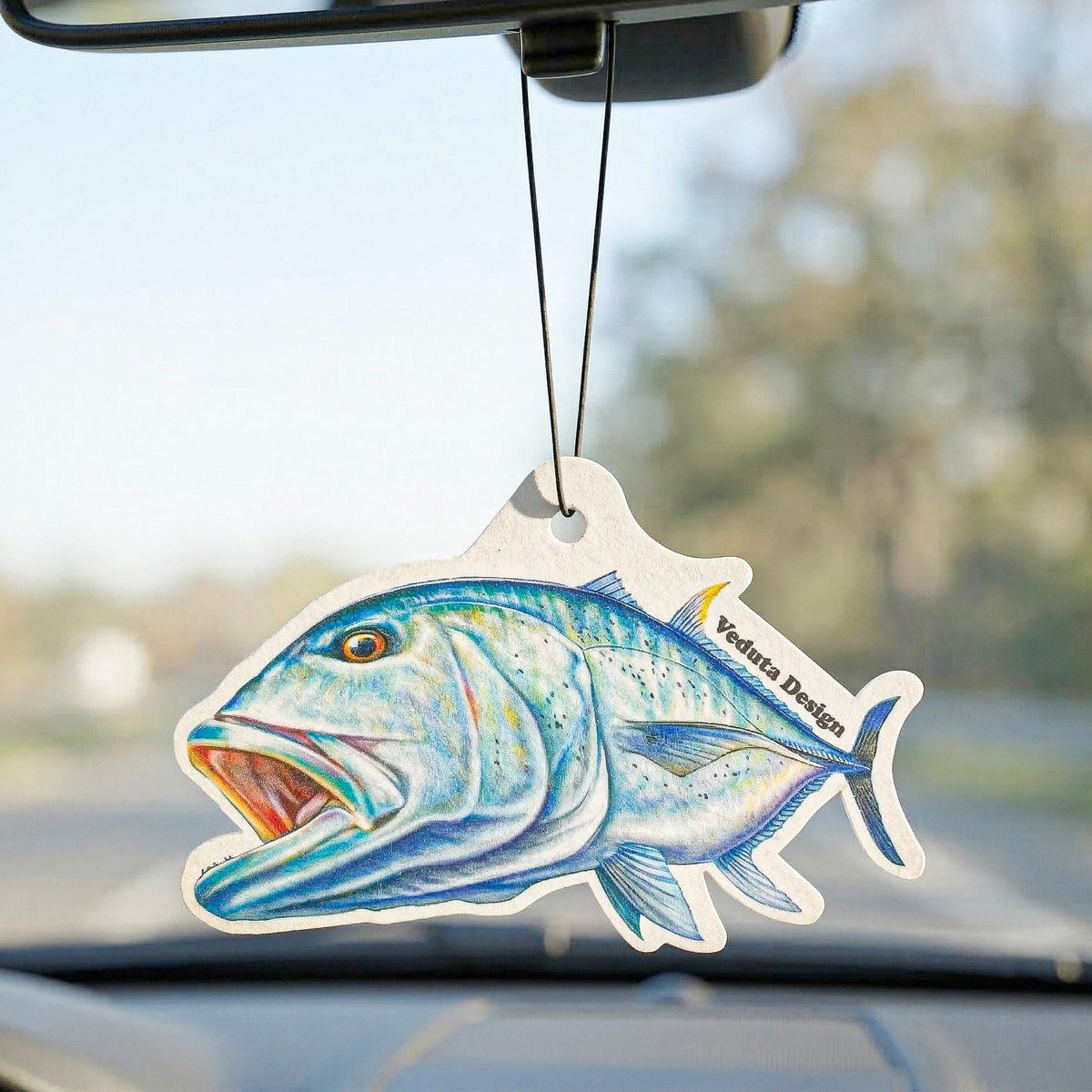 Giant Trevally car air freshener hanging from a rearview mirror, VEDUTA DESIGN fishing gift