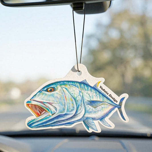 Giant Trevally car air freshener hanging from a rearview mirror, VEDUTA DESIGN fishing gift