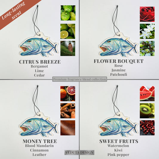 Giant Trevally air freshener in four scents: Citrus Breeze, Flower Bouquet, Money Tree, Sweet Fruits