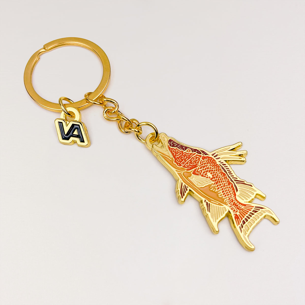 Full length of the Hogfish keychain with keyring, chain, and VEDUTA DESIGN VA logo charm