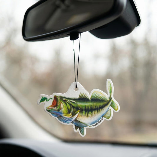 Largemouth Bass car air freshener hanging from a rearview mirror, VEDUTA DESIGN fishing gift
