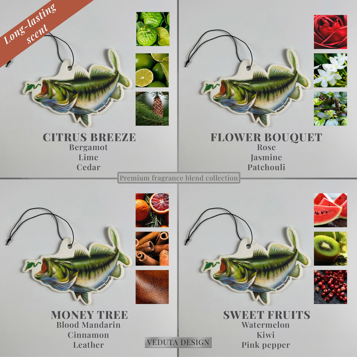 Largemouth Bass air freshener in four scents: Citrus Breeze, Flower Bouquet, Money Tree, Sweet Fruits