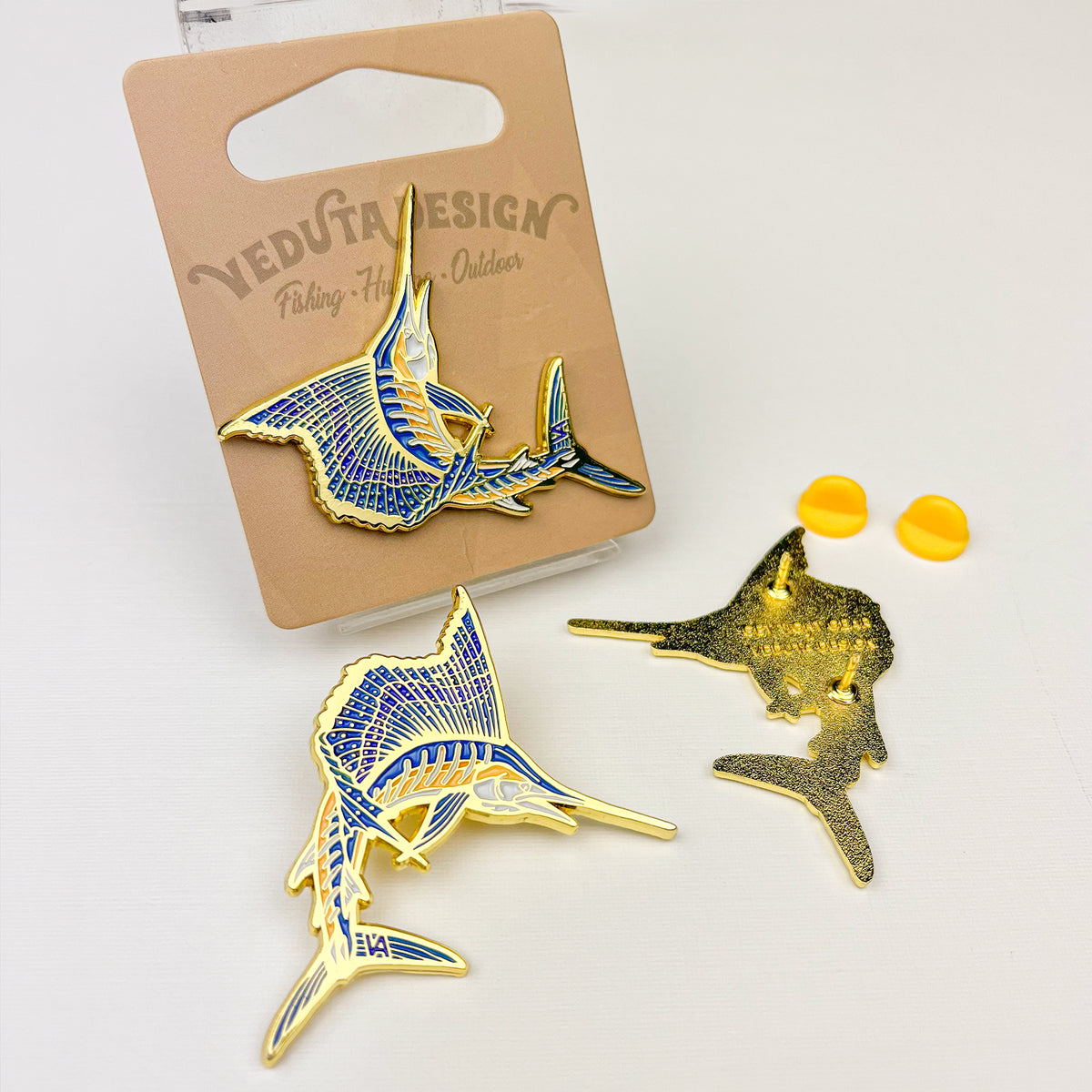 Sailfish pin on VEDUTA DESIGN branded packaging card