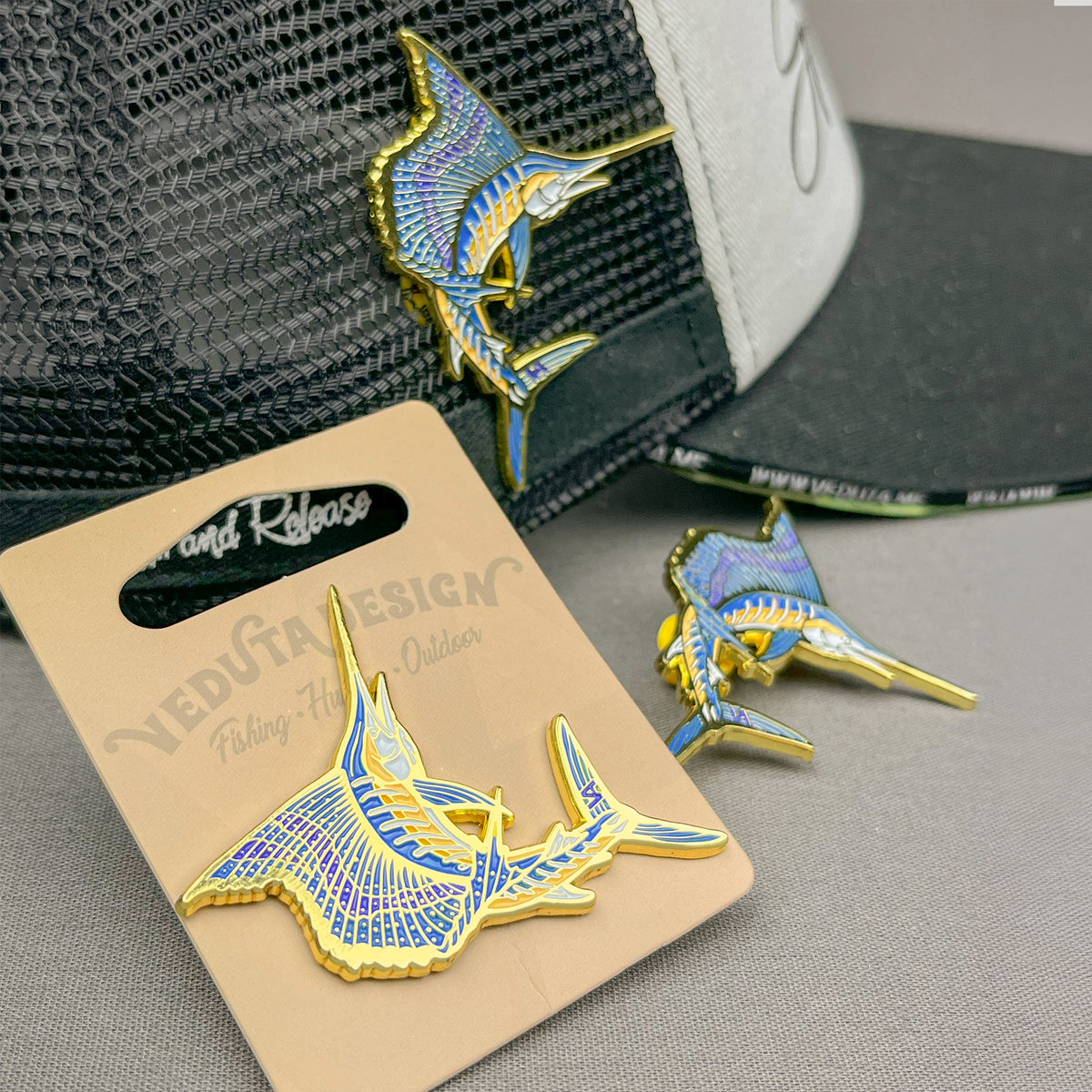 Sailfish pin packaging cards with pin backs