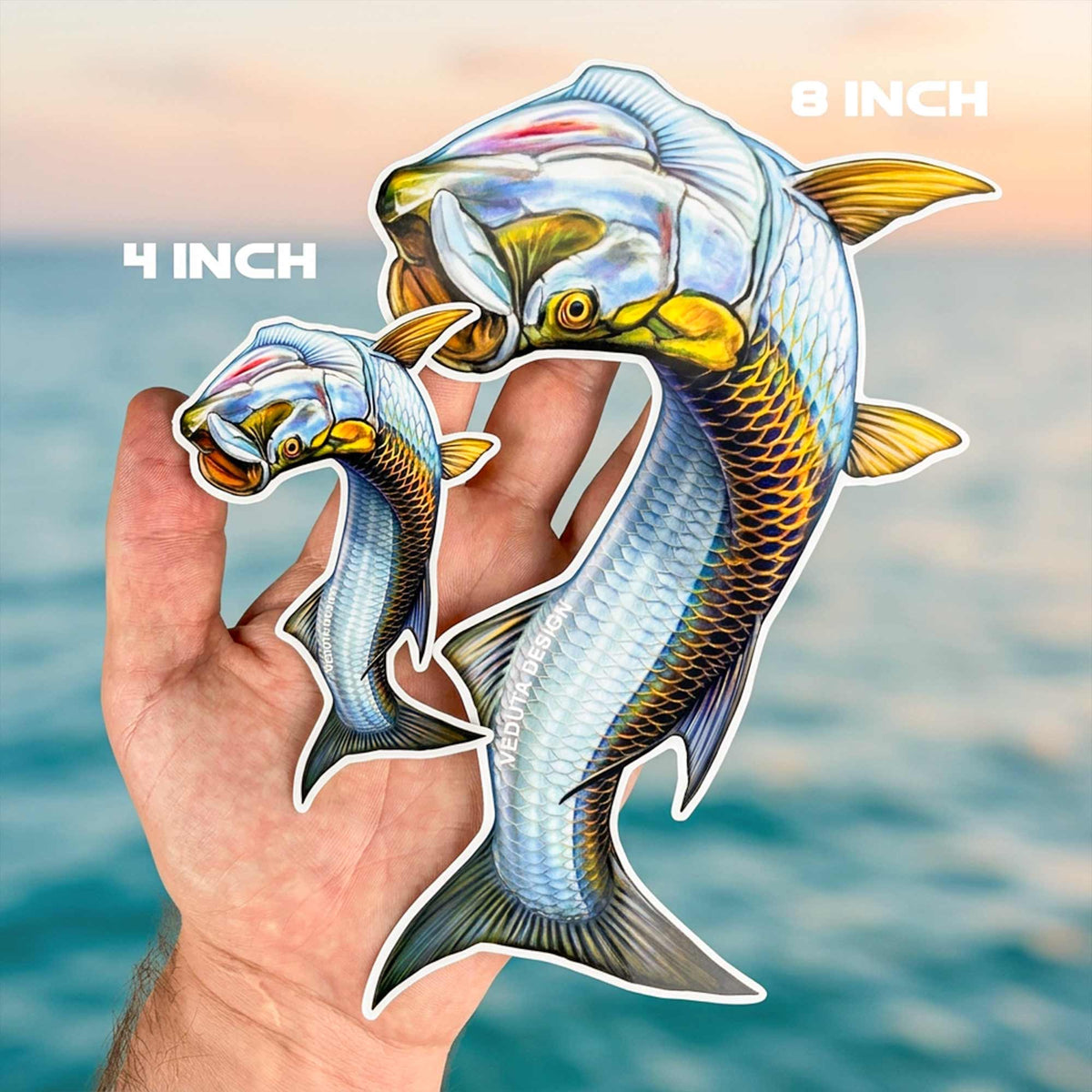 Leaping Tarpon stickers in 4-inch and 8-inch sizes held in hand with the ocean behind, Silver King fly fishing decals