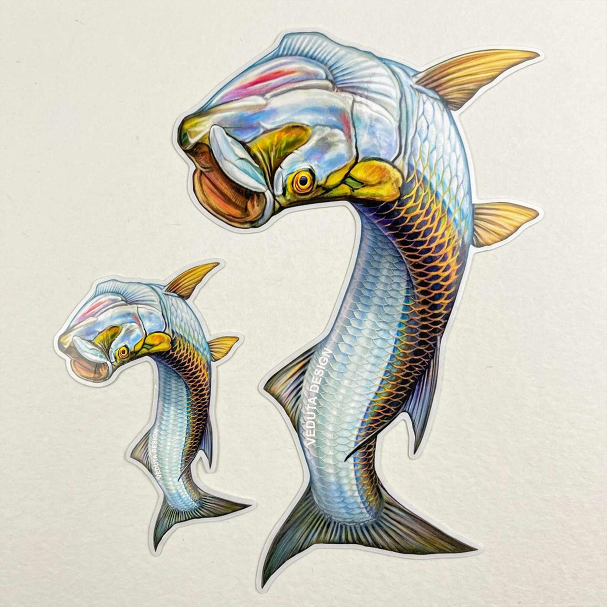 Leaping Tarpon stickers in 4-inch and 8-inch sizes, Silver King fly fishing decals on a light background