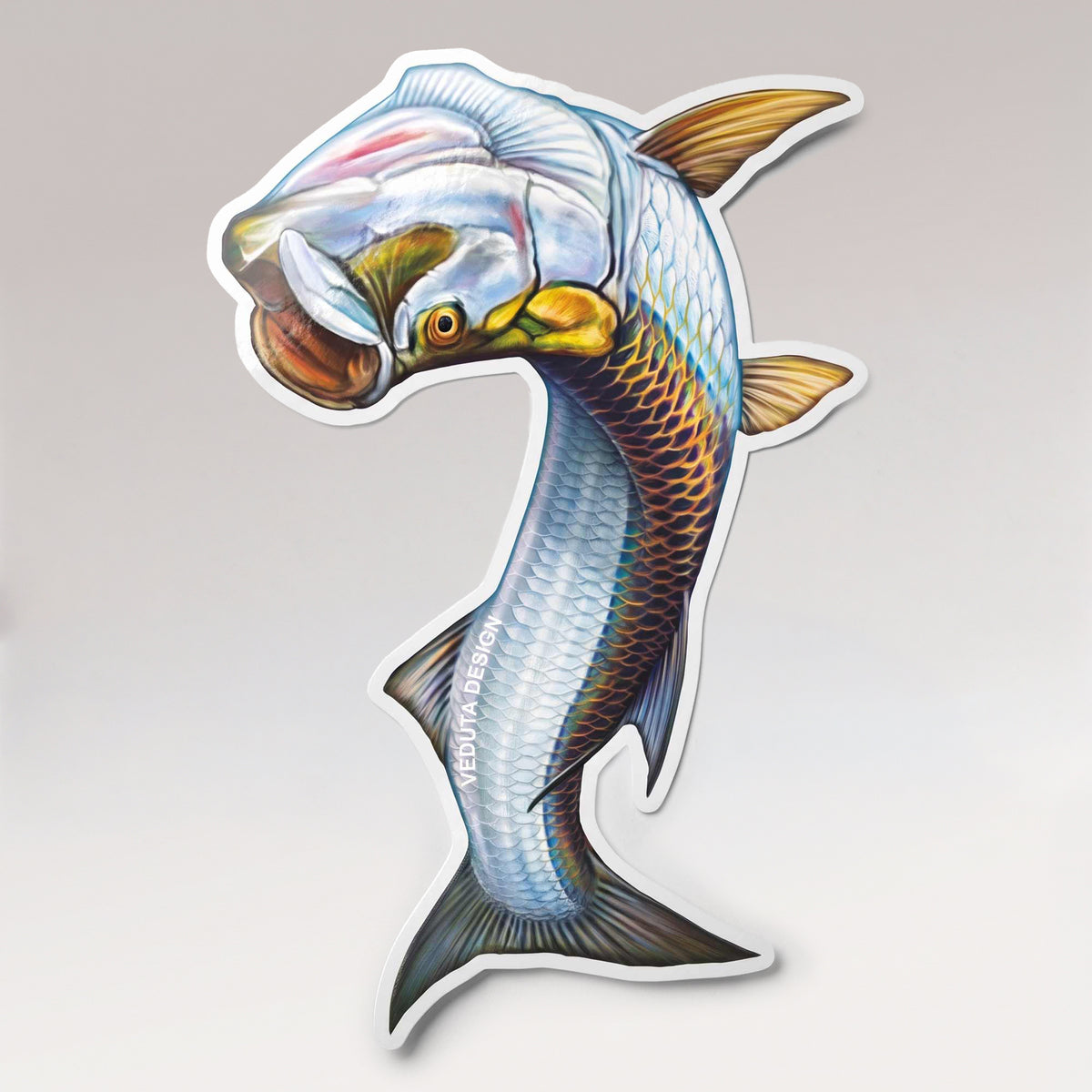 Leaping Tarpon sticker, Silver King mid-jump, fly fishing vinyl decal on a light studio background
