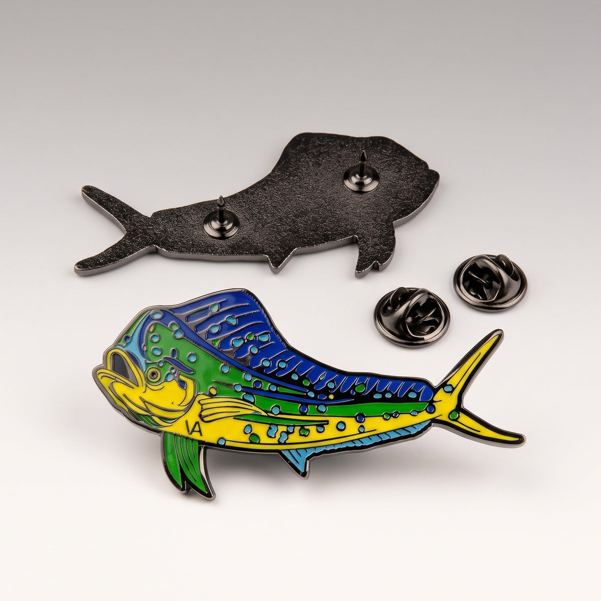 Mahi Mahi pin with backing card and clutch backs