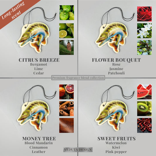 Northern Pike air freshener in four scents: Citrus Breeze, Flower Bouquet, Money Tree, Sweet Fruits
