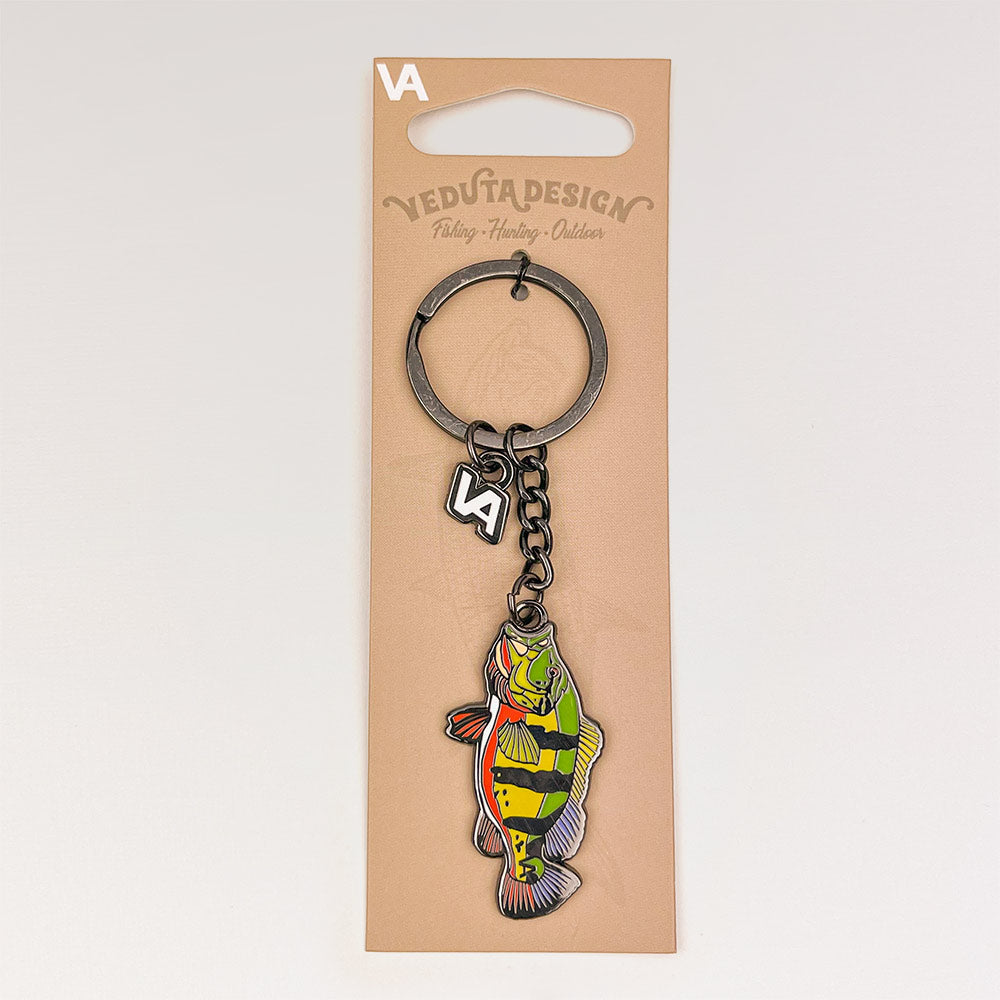 Peacock Bass keychain on branded cardboard hang-tab packaging