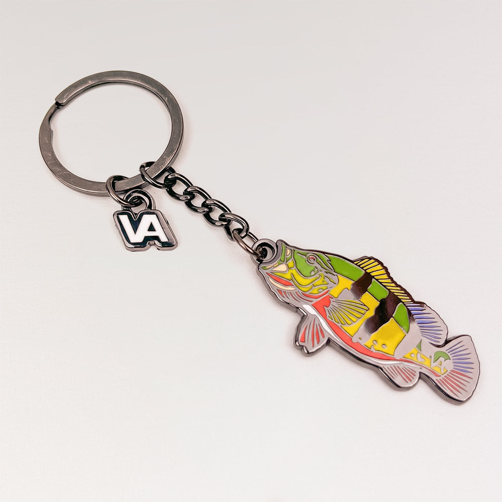 Full length of the Peacock Bass keychain with keyring, chain, and VEDUTA DESIGN VA logo charm