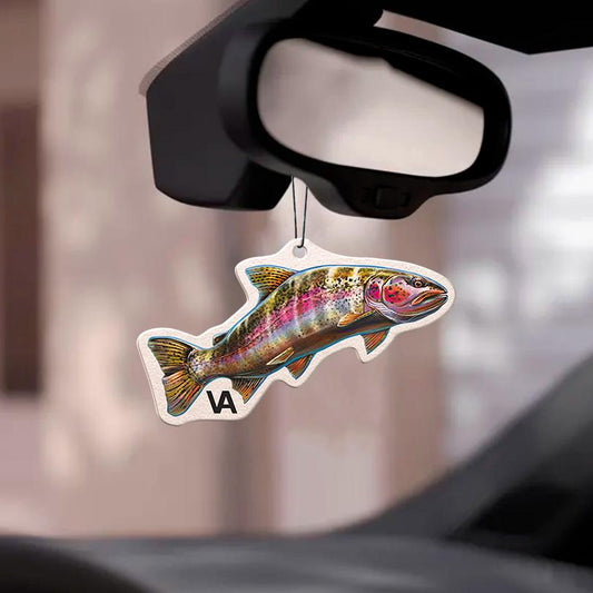 Rainbow Trout car air freshener hanging from a rearview mirror, VEDUTA DESIGN fishing gift