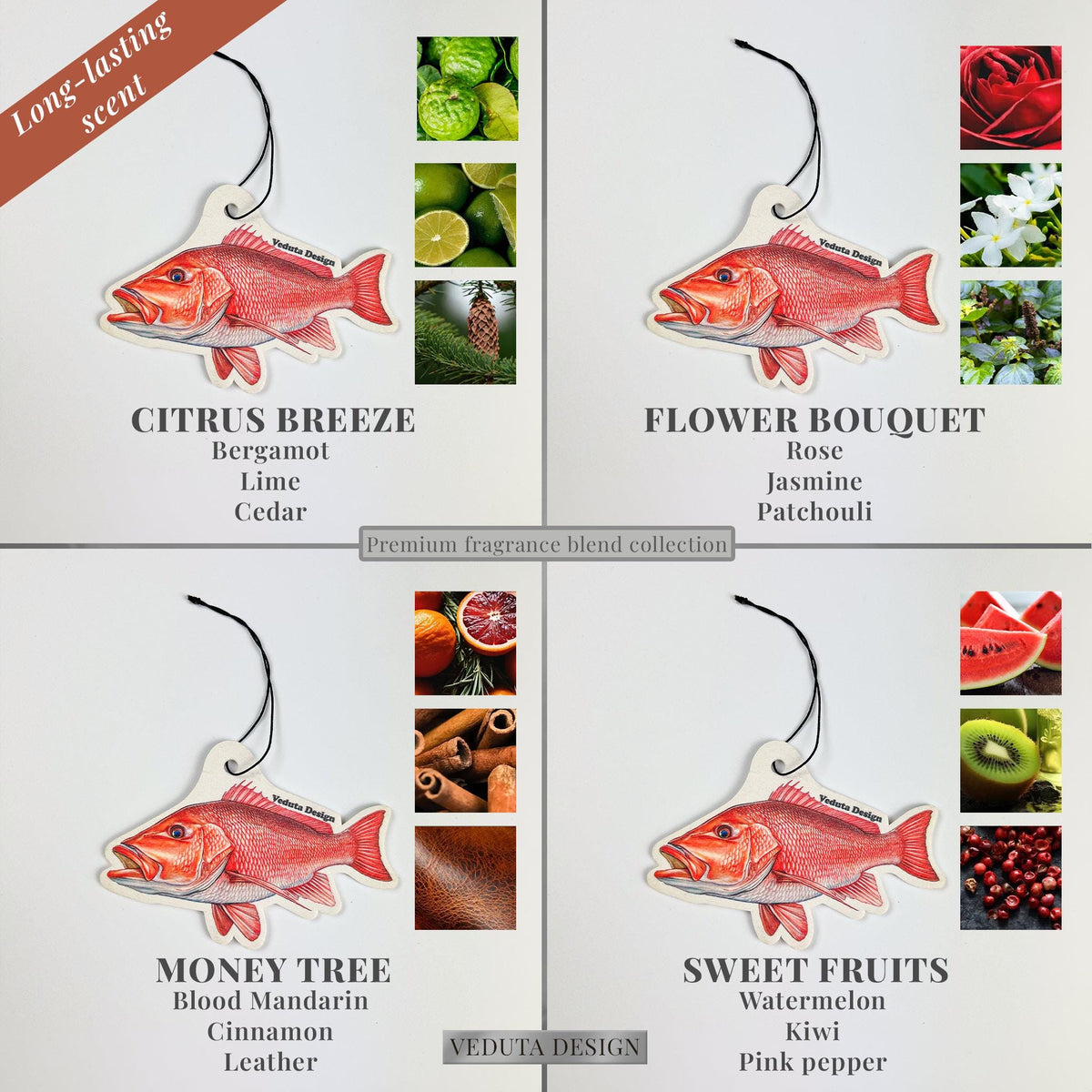 Red Snapper air freshener in four scents: Citrus Breeze, Flower Bouquet, Money Tree, Sweet Fruits