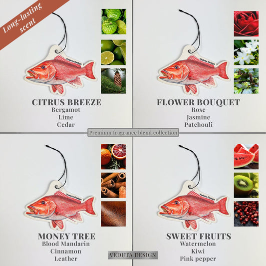 Red Snapper air freshener in four scents: Citrus Breeze, Flower Bouquet, Money Tree, Sweet Fruits