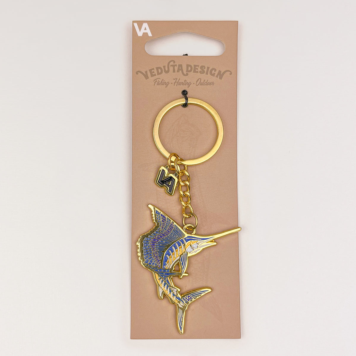 Leaping Sailfish keychain on branded cardboard hang-tab packaging