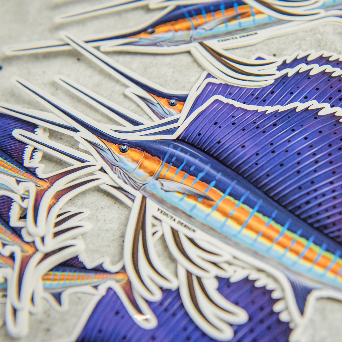 Multiple Sailfish stickers scattered together, billfish decal