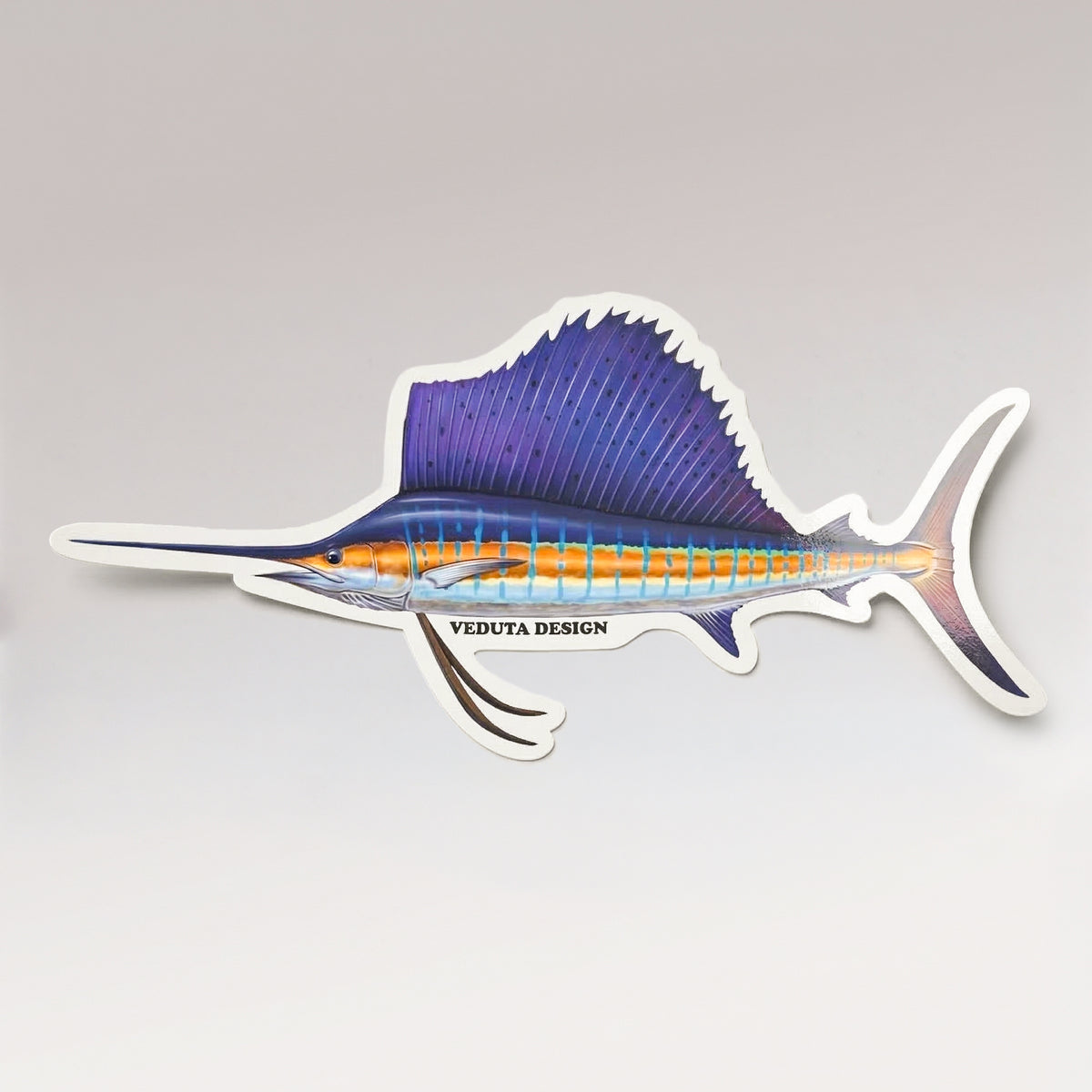 Sailfish vinyl sticker, side profile, on a light studio background