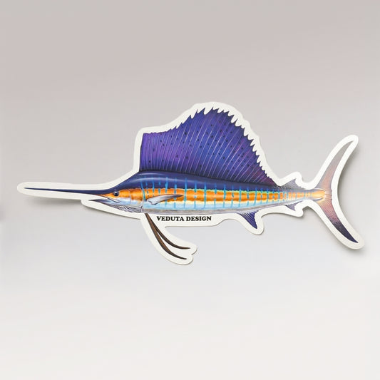 Sailfish vinyl sticker, side profile, on a light studio background