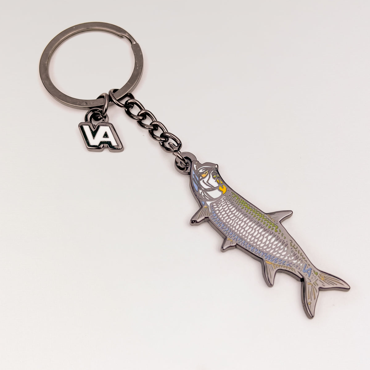 Full length of the Tarpon keychain with keyring, chain, and VEDUTA DESIGN VA logo charm