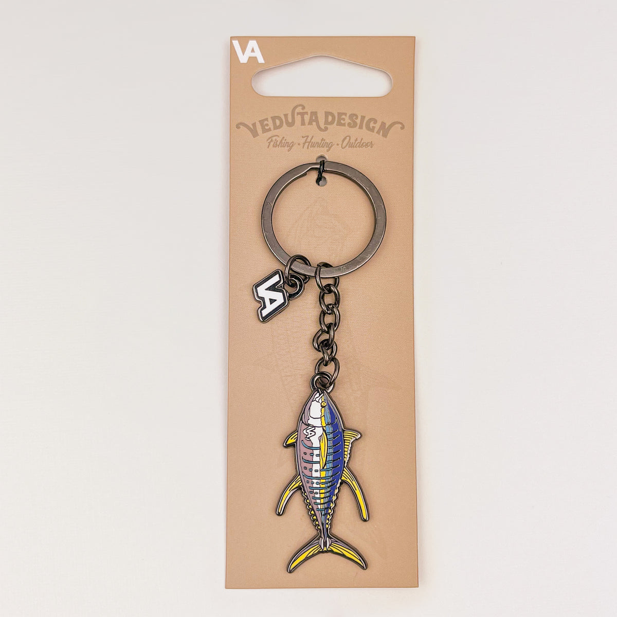 Yellowfin Tuna keychain on branded cardboard hang-tab packaging