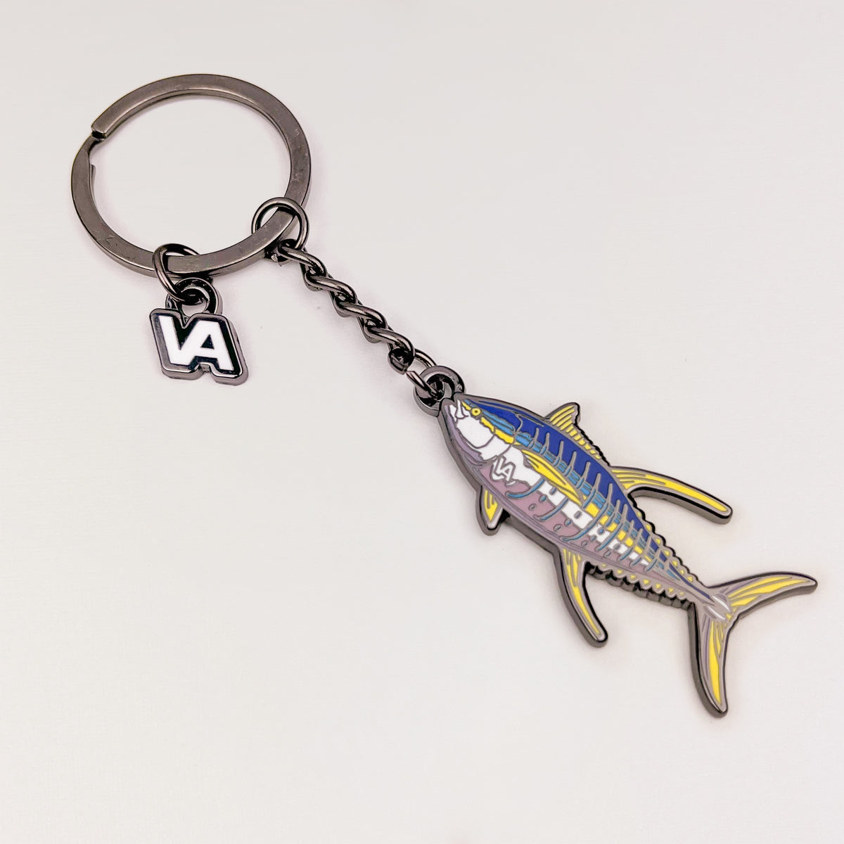 Full length of the Yellowfin Tuna keychain with keyring, chain, and VEDUTA DESIGN VA logo charm