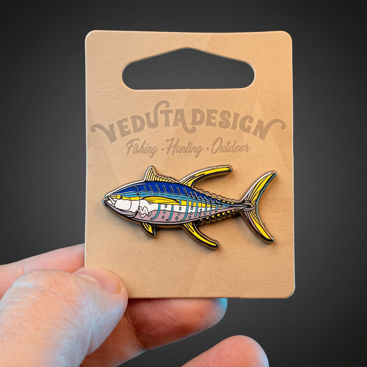 Yellowfin Tuna pin on VEDUTA DESIGN branded backing card