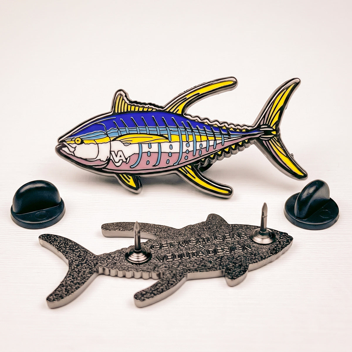 Yellowfin Tuna pin with clutch backs and pin posts