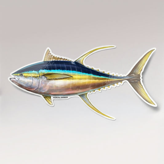 Yellowfin Tuna vinyl sticker, side profile, on a light studio background