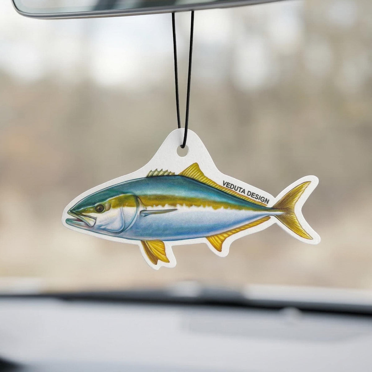 Yellowtail Kingfish car air freshener hanging from a rearview mirror, VEDUTA DESIGN fishing gift