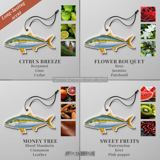 Yellowtail Kingfish air freshener in four scents: Citrus Breeze, Flower Bouquet, Money Tree, Sweet Fruits